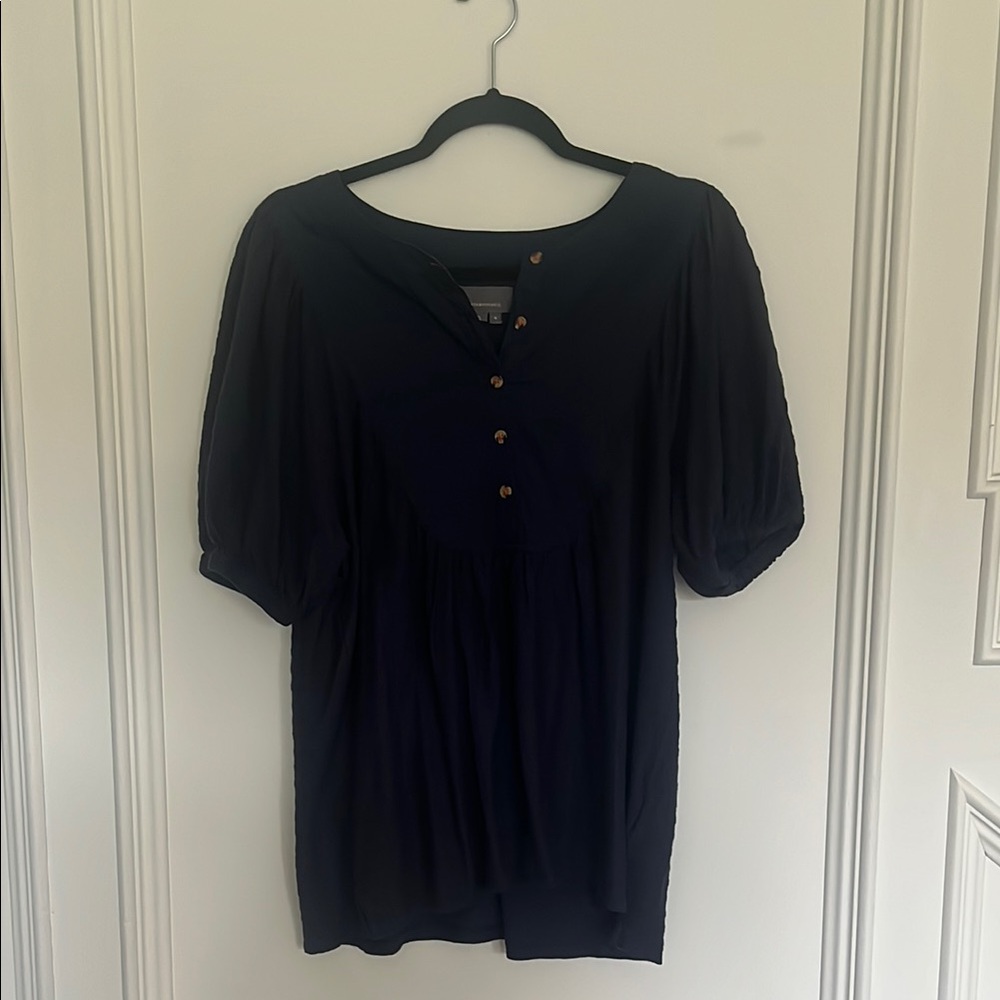 Anthropologie Navy Blue Puff Sleeve Polo Blouse